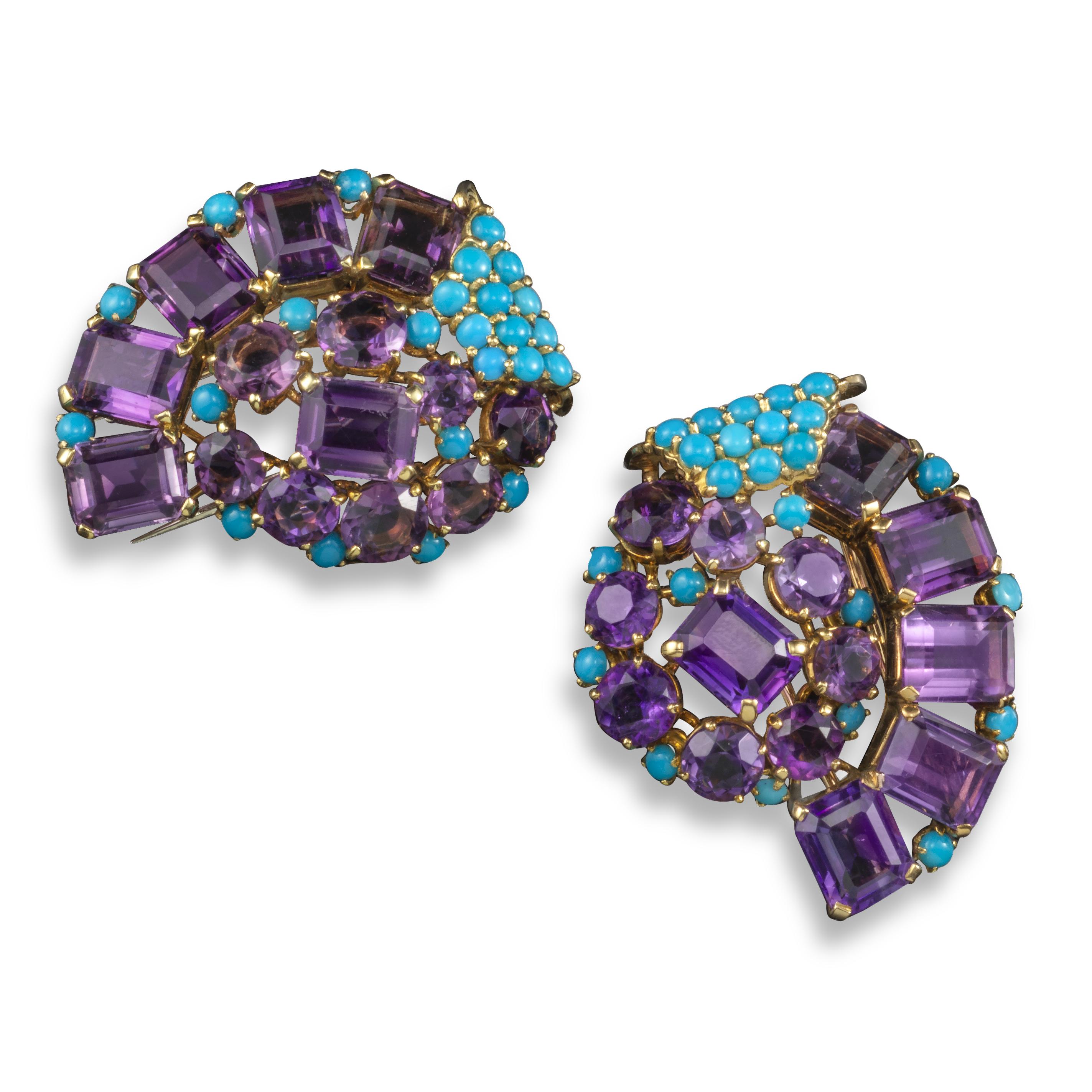 An Exploration of Amethyst in Antique Jewellery - - Amethyst turquoise double clips credit WoolleyWallis Gem A Blog