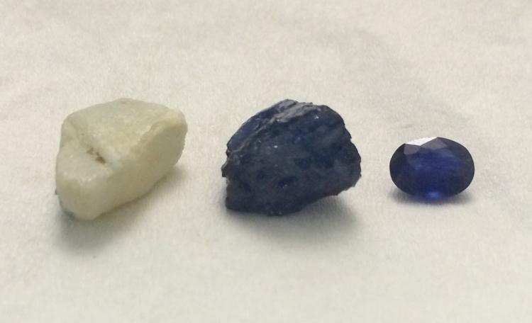 Lead-glass filled sapphire. L-R: before, during, after. Image courtesy of Julia Griffith.