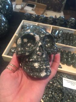 Skulls made from Preseli spotted dolerite, made in China. Preseli bluestone blogpost.