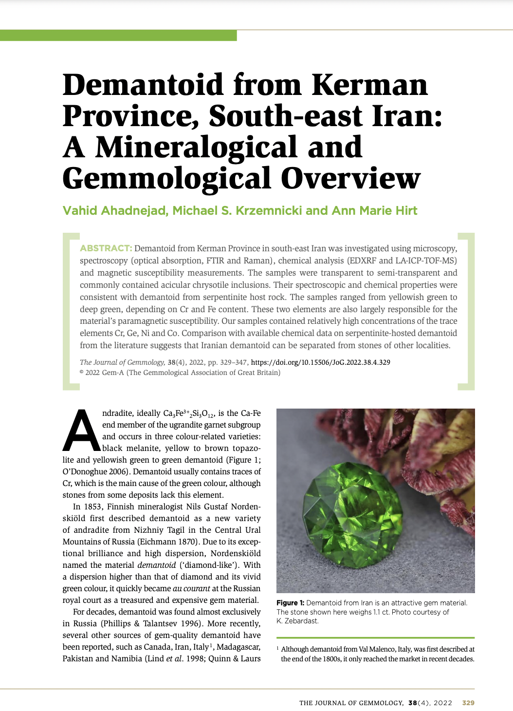 Demantoid from Kerman Province, South-east Iran: A Mineralogical and Gemmological Overview
