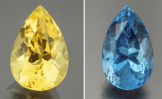 Yellow and Blue Beryls, due to iron ions, of different electron valence.