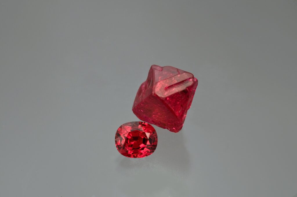 Rough and cut Burmese spinel